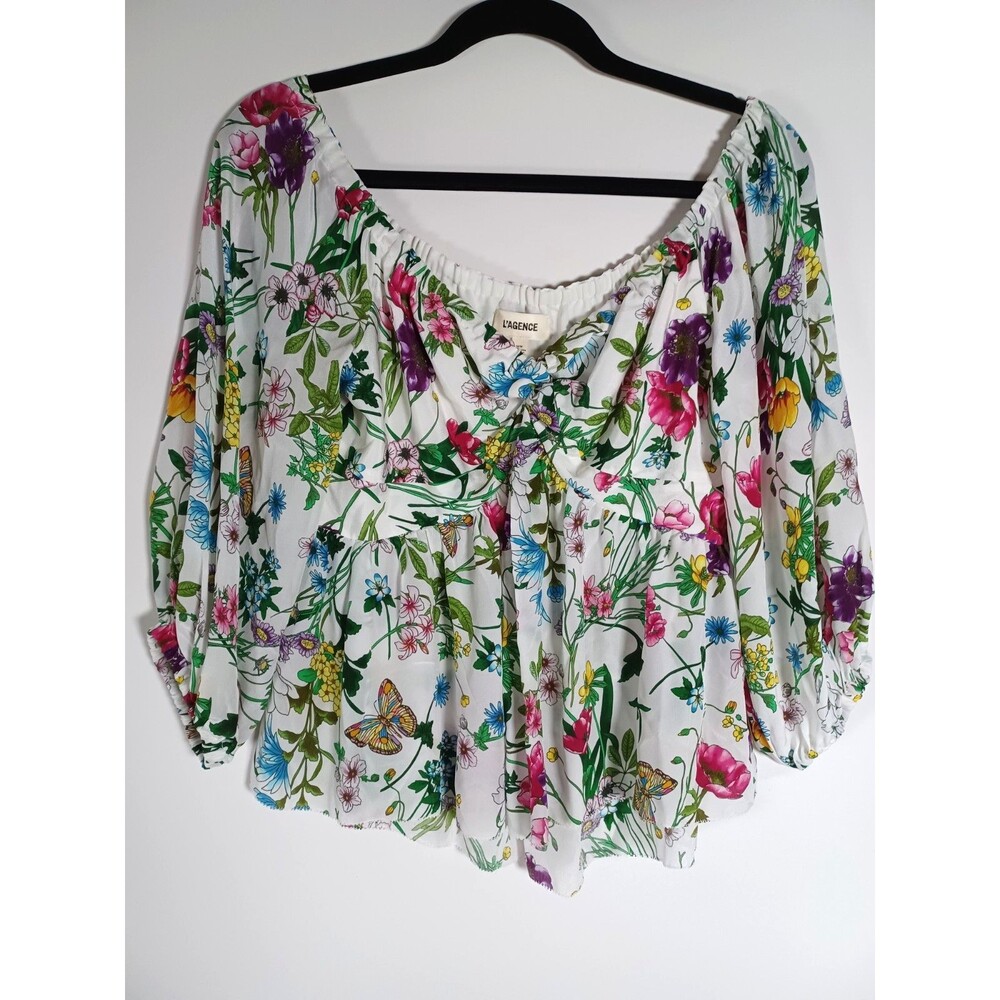L'Agence Babydoll Silk Top Medium Floral Puff Sleeveโ Cropped Peplum Cottagecore